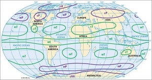 This Encyclopedia Britannica map shows the dominant air masses on the planet. Notice how the continental polar air mass in North America is much small than the one over Europe and Asia. 