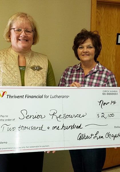 Senior Resources of Freeborn County received $2,100 from the Albert Lea chapter of Thrivent Financial. This furthers the mission of Senior Resources to help senior citizens remain in their own homes as long as possible. Pictured are Annette Petersen, executive director of Thrivent Financial, and Barb Rehmke, Thrivent board member. – Provided