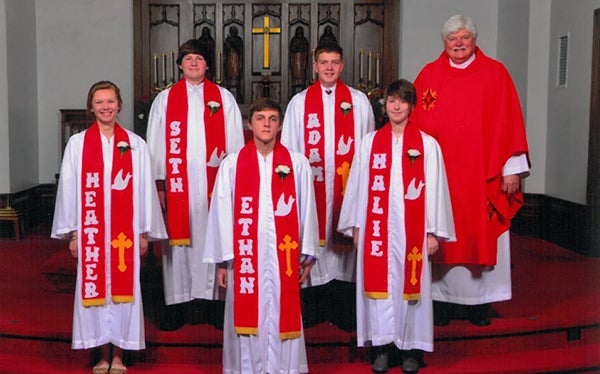 A group of students were confirmed at Trinity Lutheran Church on Oct. 26. Pictured in the front row from left are Heather Gilbertson, Ethan Peek and Halie Anderson. Pictured in the back row from left are Seth Gilster, Adam Nelson and the Rev. Curtis Zieske. – Provided