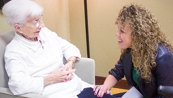Good Samaritan Society of Albert Lea Adminstrator Katie Davis talks with resident Leona Sauer on Friday at the nursing home. – Sarah Stultz/Albert Lea Tribune