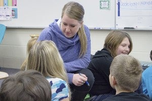 Third-grade teacher Anna Nordlocken talks to one of her students about how she solved a math problem Wednesday at Lakeview Elementary School. – Hannah Dillon/Albert Lea Tribune