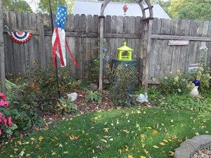 The photo shows a small garden that will be renovated with smaller plants and lighter colors to make it stand out against the gray fence. – Carol Hegel Lang/Albert Lea Tribune