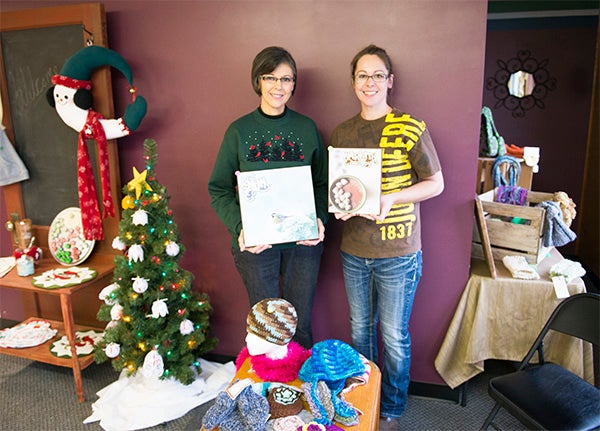 Dawn Loverink, right, owns Depot Salon in Clarks Grove and recently opened up a craft corner in the business in September. Her mother, Barb Dobberstein, left, helps her with the business. – Colleen Harrison/Albert Lea Tribune
