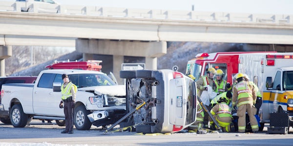 A Ford pickup truck and a Ford Edge SUV collided Monday afternoon on Interstate 35. – Colleen Harrison/Albert Lea Tribune