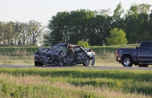 This vehicle was one of two involved in a head-on collision May 28 on Interstate 35 one mile north of the Iowa border. Two people died in the crash. - Sarah Stultz/Albert Lea Tribune