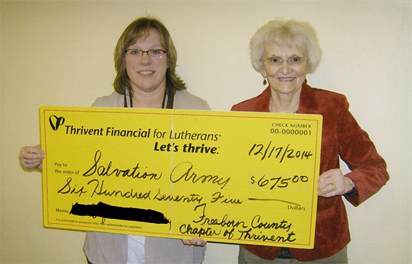 Freeborn County Thrivent board member Joyce Fredin presented a check for $675 supplemental funding from Thrivent Financial to Kathy Belshan of Salvation Army for their food shelf. — Provided