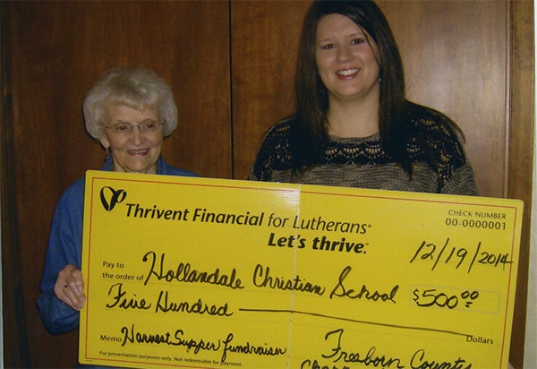Freeborn County Thrivent board member Joyce Fredin presented a check for $500 supplemental funding from Thrivent Financial to Jill Rye of Hollandale Christian School for their harvest fall supper fundraiser Nov. 7. — Provided
