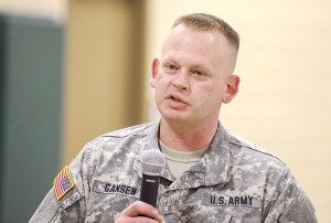 Sgt. 1st Class David Gansen brings guests up to speed on some of the changes and upgrades to the National Guard Armory Tuesday afternoon. - Eric Johnson/Albert Lea Tribune