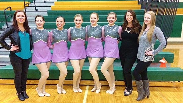 Five Albert Lea dancers received awards at the Big Nine Conference championship Jan. 17 at Rochester Mayo. From left are coach Megan Kromminga; All-Conference honorable mention selections Lauren Sorenson, Cali Cantu and Samantha Nielsen; All-Conference selections Katelyn Hendrickson and Angie Schmitt; and coaches Kelsey Routh and Jennifer Anderson. — Provided