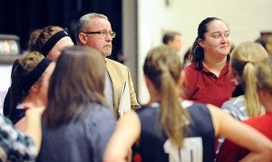 Alden-Conger assistant girls’ basketball coaches Brynn Harms, left, and Katie Hallman look on Monday during a timeout against Schaeffer Academy. - Micah Bader/Albert Lea Tribune