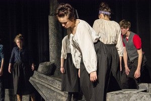 Quinn Andersen, front, and other students in “The Murder of Lidice,” the one-act play at Albert Lea High School, rise from acting dead to finish the play. - Hannah Dillon/Albert Lea Tribune