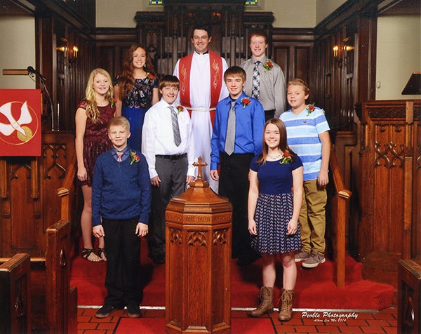 A class of students was confirmed Oct. 26 at Salem Lutheran Church. Picture from left in front row is Jacob Johnsrud and Dayna Edwards; in second row is Kalli Citurs, Nathan Reichl, Alex Ulve and Rylan Citurs; and in back row is Presley Duenes, the Rev. Mark Niethammer and Zachary Edwards. – Provided