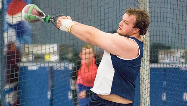 Former Albert Lea sudent-athlete Bryce DeBoer performs the weight throw this season. DeBoer set Bethel University’s school record with a toss of more than 54 feet Jan. 23 at the St. Thomas Invitational at St. Paul. — Bethel University Media Relations