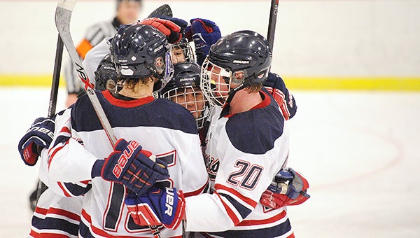 The Albert Lea boys' hockey team celebrates after one of its seven goals Tuesday in the first round of the Section 1A tournament against La Crescent at Albert Lea City Arena. — Micah Bader/Albert Lea Tribune