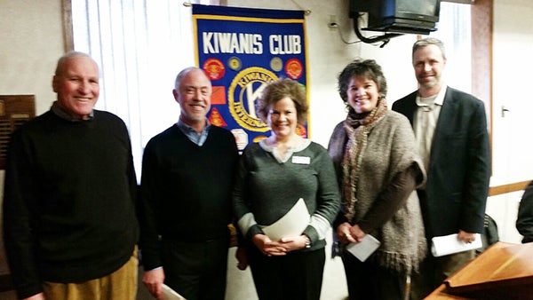 New members Dave Nelson and Jackie Hillman were inducted into the Noon Kiwanis Jan. 12. Standing with them are their mentors Larry Forster, Angie Eggum and former president, Tim Engstrom - Provided