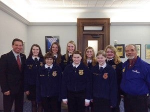 On March 27, 2014, the Albert Lea FFA chapter took eight members to FFA day at the state capitol. Members got to talk with local legislators and representatives about their ties to agriculture. Pictured in the back from from the left are Sen. Dan Sparks, Brianna Opdahl, Madalynn Thostenson, Taylor Willis, Krystal Viktora and Marissa Oakland.Pictured in the front row from the left are Amanda Bera, Lizzy Silva, Ali Hagen and Kim Meyer. - Provided