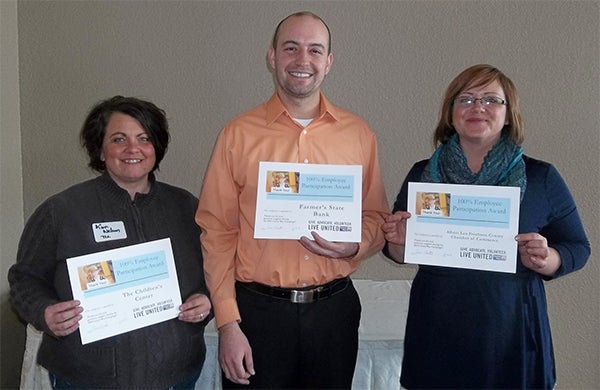 Employers that had 100 percent employee participation in their United Way campaigns were recognized Wednesday. Pictured from left is a representative from The Children's Center, Farmer's State Bank and the Albert Lea-Freeborn County Chamber of Commerce. — Provided