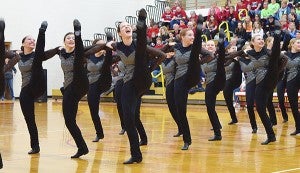 The Albert Lea dance team competes in the high-kick division during the Section 1AA tournament at Austin. - Provided