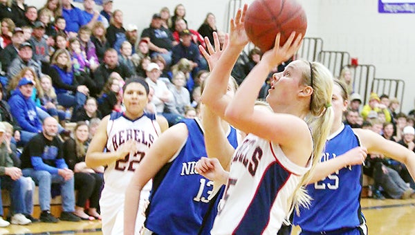 Kia Legred of United South Central shoots the ball Monday during the Subsection 2A South quarterfinals at Nicollet. Legred had 12 points, four rebounds, two assists and two steals. — Kelly Hendrickson/For the Albert Lea Tribune