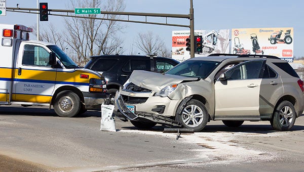 The driver of this vehicle was injured Wednesday afternoon after a two-car collision at the intersection of East Main Street and Blake Avenue. — Sarah Stultz/Albert Lea Tribune