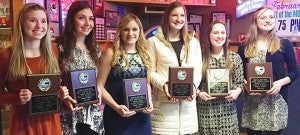 The Albert Lea girls’ hockey team had its awards banquet Feb. 15 after compiling a 3-23 overall record and a 2-16 mark in the Big Nine Conference. The Tigers’ season ended Feb. 4 with a 6-0 loss in the Section 1A quarterfinals at Red Wing. From left are Haley Larson, Ms. Hustle Award; Katie Schwarz, MVP; Sage Kermes, Most Improved Player; Hannah Savelkoul, Ms. Hustle Award; and Maddy Funk and Anna Englin, Tiger Spirit Award. — Provided