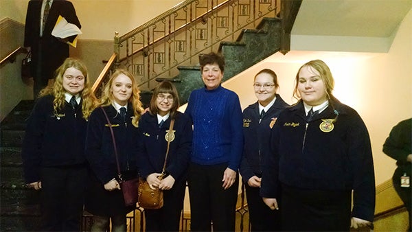 Albert Lea students went to FFA Day at the Capitol in February. Pictured from left to right is Marissa Oakland, Sarah Swenson, Amanda Bera, Rep. Peggy Bennett, Rachel Bera and Emily Martin. — Provided
