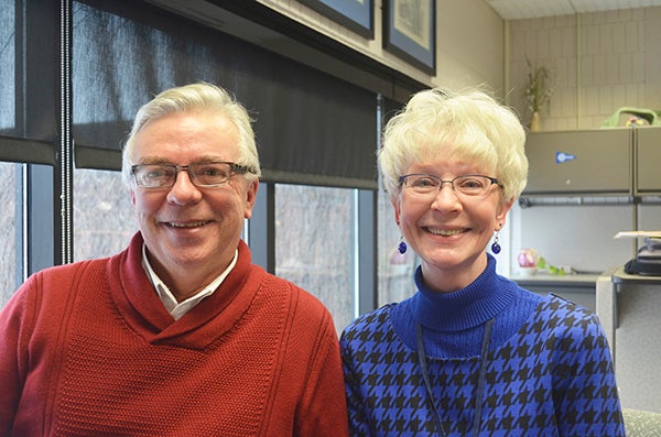 Jerry Girton, retired theater director at Riverland Community College, is co-organizing the Alumni Connections project with Riverland employee Marijo Alexander. - Jenae Hackensmith/Albert Lea Tribune