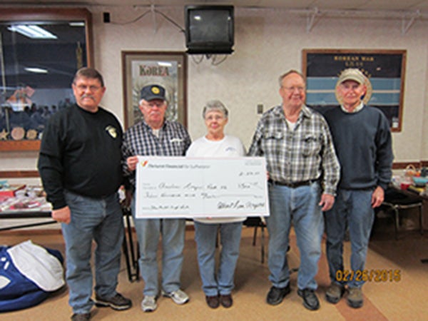 Thrivent Financial for Lutherans made a matching funds donation of $500 to the American Legion Post 56 at a craft show and flea market fundraiser to support the 2015 Nation of Patriots tour. The funds will be used to assist combat wounded veterans and their families. At the presentation were Mark Harig, Nation of Patriots volunteer; Larry Trampel, Bonnie Schneider, John Severtson and David Olson of American Legion Post 56. -Provided