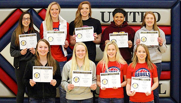 The United South Central girls’ basketball team’s nine Academic All-Conference selections were honored March 29 at the team’s awards banquet. Front row from left are Kate Koestler, Taylor Steckelberg, Kia Legred and Taylor Schultz. Back row from left are Caitlyn Klocek, Anissa Janzig, Lauren Allis, Shianne Robertson and Leah Johnson. Five USC players also won team awards: Steckelberg, Rebel Award; Robertson, Miss Defense; Janzig, Miss Offense and Miss Defense; Caitlyn Klocek, Most Improved Player. — Provided