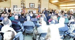 The Ruby Rupner Auditorium at the Jay C. Hormel Nature Center was filled to capacity Thursday afternoon as Gov. Mark Dayton held a forum on his proposal adding water quality buffer strips to ag land. - Eric Johnson/Albert Lea Tribune