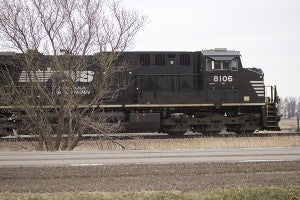 This Norfolk Southern Railway train stopped on the tracks after reportedly striking a semi tanker Monday afternoon northwest of Alden. - Sarah Stultz/Albert Lea Tribune