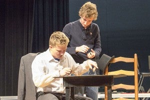 Luke Sundblad, left, plays Horace Vandergelder, one of the main characters of “The Matchmaker.” Pictured with him is Logan Petersen, who plays Malachi Stack. - Hannah Dillon/Albert Lea Tribune