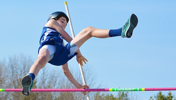 Nick Compton of Albert Lea performs the pole vault Friday at Kasson-Mantorville. Compton cleared eight feet to tie for third place. — Lon Nelson/For the Albert Lea Tribune