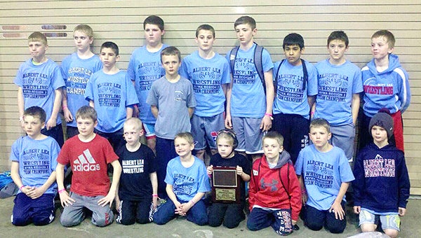 The Albert Lea kindergarten through sixth grade wrestling team went 4-1 to take fifth place March 26 to 29 at the Northland Youth Wrestling Association state tournament at the Mayo Civic Center in Rochester, according to Tigers coach Paul Durbahn. Undefeated Albert Lea wrestlers were Logan Davis at 45 pounds, Mike Olson at 50 and Griffin Studier at 102. Front row from left are Kadin Indrelie, Cameron Davis, Mike Olson, Brody Ignaszewski, Maggy Olson, Davis, Nick Korman and Aivin Wasmoen. Back row from left are Dugan Soost, Ethan Greenfield, Joey Flores, Alex Kuethe, Blake Braun, Josiah Hedensten, Studier, Christian Leal, Caleb Talamantes and Cole Glazier. Look for more Albert Lea youth wrestling results in Sunday’s Tribune. — Provided
