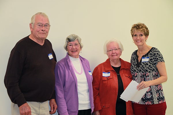 Everett and Kathy Jensen with Marvel Beiser of the Clarks Grove Area Heritage Society and Jillian Peterson, board chairwoman of the Freeborn County Community Foundation. - Provided