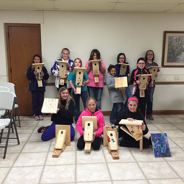 Local junior Girl Scouts from Troop 43224 are earning their bronze award by putting up bluebird houses they made for the Blazing Star Trail. This project is a great way for the girls to give back to the community. The group is led by Diane Hanson. - Provided