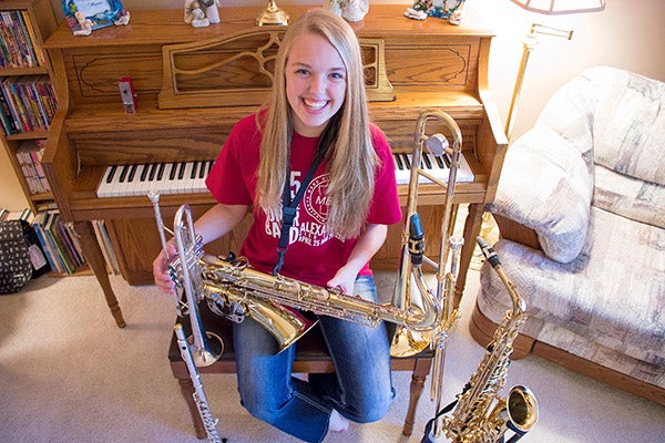Grace Chalmers is in eighth grade and plays eight instruments — piano, trumpet, flute, tenor saxophone, alto saxophone, valve trombone, French horn and oboe. - Hannah Dillon/Albert Lea Tribune