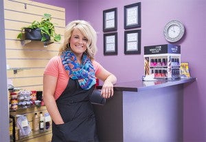 Morgan Meaney has been a hairstylist at Studio 22 Salon in Albert Lea for about one year. She plans to donate profits from her haircuts during the month of May to the American Brain Tumor Association after her stepfather was diagnosed with a brain tumor in November. — Colleen Harrison/Albert Lea Tribune