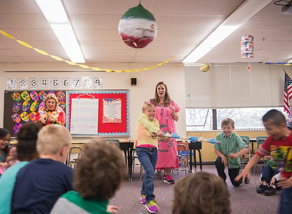 Students got to hit a piñata filled with candy in Laura Hillman’s first-grade classroom during Cinco de Mayo festivities Tuesday at Lakeview Elementary School. - Colleen Harrison/Albert Lea Tribune