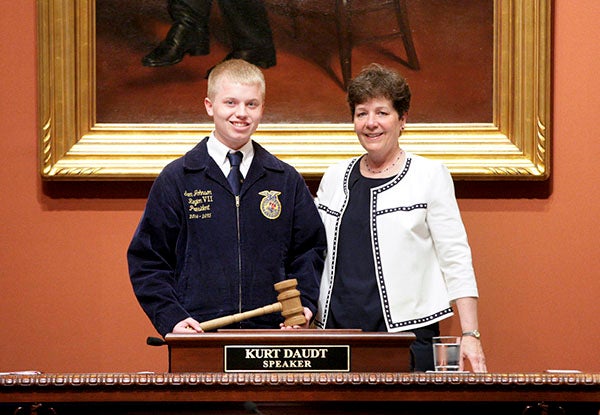 Representative Peggy Bennett, R-Albert Lea, welcomed Glenville resident Sam Johnson to the Capitol on Thursday. Bennett introduced Johnson on the House floor, recognizing him for his work with the Future Farmers of America and congratulating him on being elected a state officer for the Minnesota Future Farmers of America organization. Johnson was elected sentinel at the Minnesota FFA convention held last month. - Provided