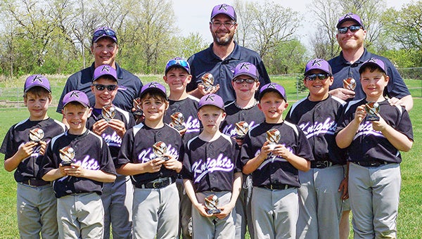 The Albert Lea Knights 10AA baseball team took home 3rd place on on May 2 and 3 at the Rosemount Invitational. Front row from left are Blaine Bakken, Jack Skinness, Mike Olson and Jaxon Richards. Middle row from left are Drew Carlson, Andrew Phillips, Jacob Skinness, Eric Doppelhammer, Dakota Jahnke and Aydan Christensen. Back row from left are coaches Aaron Phillips, Brad Skinness and Reid Olson. — Provided