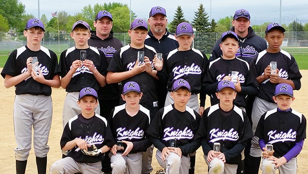 The 12AAA Albert Lea Knights baseball team took second place at a tournament from May 8 to 10 at Apple Valley The finish qualified the Knights for the MBT state tournament. Front row from left are Joe Flores, Markus Dempewolf, Blake Ulve, Caden Gardner and Jack Ramaker. Middle row from left are Jake Weseman, Jack Jellinger, Trevor Ball, Caden Jensen, Ethan Ball and Javarus Owens. Back row from left are coaches Chris Weseman, Brian Ball and Brian Gardner. — Provided