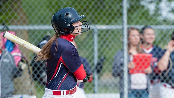 Kassi Hardies of Albert Lea watches the ball as she hits a home run Tuesday against Faribault Academies in the Subsection 2AA South quarterfinals at Hammer Field. — Micah Bader/Albert Lea Tribune