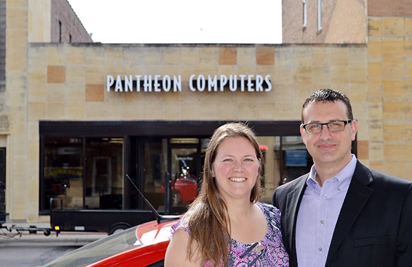 Jon and Jill Stagman are the owners of Pantheon Computers. Here they are outside of the corporate office in Waseca. - Samantha maranellWaseca County News