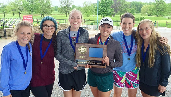The Albert Lea girls’ golf team won the Subsection 2AA South meet Tuesday at North Links Golf Course by completing the course in 391 strokes. From left are Emma Loch, Bailey Sandon, Sara Rasmussen, Samantha Nielsen, Kayla Jensen and Natalie Nafzger. Nielsen was the runner-up medalist. Next, the Tigers will compete in the Section 2AA meet at 10 a.m. Monday at New Prague Golf Course. — Provided