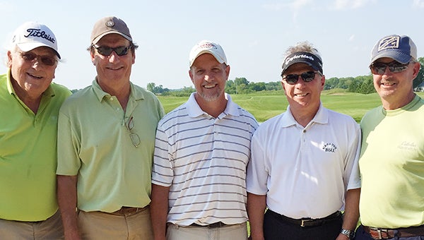 Joel Goerdt of Owatonna hit a hole-in-1 Wednesday using a 9 iron on the sixth hole at Wedgewood Cove Golf Club. From left are Pete Schneider, Dave Schottler, Goerdt, Larry Nash and Milt Taylor. — Provided