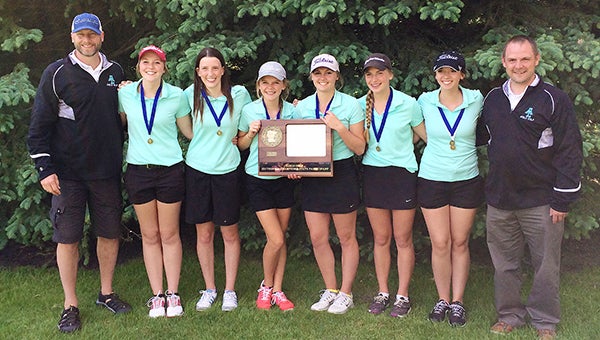 The Albert Lea girls' golf team qualified for the Class AA state golf meet by winning the Section 2AA meet Monday at New Prague Golf Club. From left are head coach Shawn Riebe, Sara Rasmussen, Kayla Jensen, Emma Loch, Samantha Nielsen, Natalie Nafzger, Bailey Sandon and assistant coach Josh Johnson. — Provided