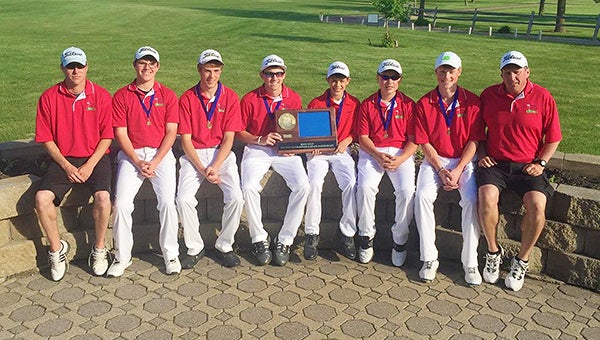 The United South Central boys' golf team qualified for the Class A state meet for the fourth straight season by winning the Section 2A tournament Monday at North Links Golf Course in Mankato. From left are assistant coach Shawn Gudahl, Devan Archer, Ryan Pederson, Nick Neubauer, Blake Legred, Aaron Schaper, Nate Pederson and head coach Brad Huse. — Provided