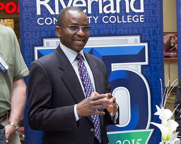 Riverland Community College President Adenuga Atewologun speaks at a media event announcing the return of Riverland’s gala for the college’s 75th anniversary. - Crystal Miller/Albert Lea  Tribune