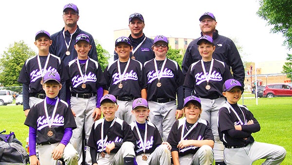 The Albert Lea Knights 10AA baseball team took third place out of 12 teams and qualified for state at the Rochester American Legion Classic Tournament from May 29 to 31. Front row from left are Drew Carlson, Blaine Bakken, Mike Olson, Jack Skinness and Jaxon Richards. Middle row from left are Jacob Skinness, Andrew Phillips, Dakota Jahnke, Eric Doppelhammer and Aydan Christensen. Back row from left are coaches Brad Skinness, Aaron Phillips and Reid Olson. — Provided